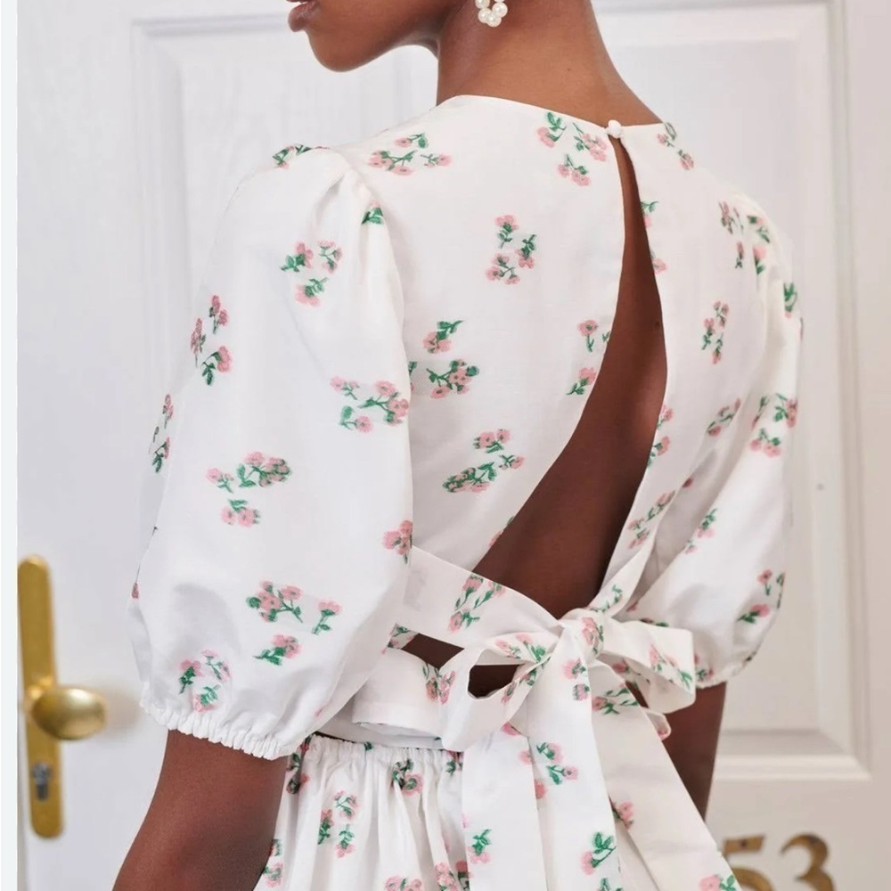 Sister Jane DREAM White Floral Mail Puff Sleeve Open Back Bow Tie Mini Dress S